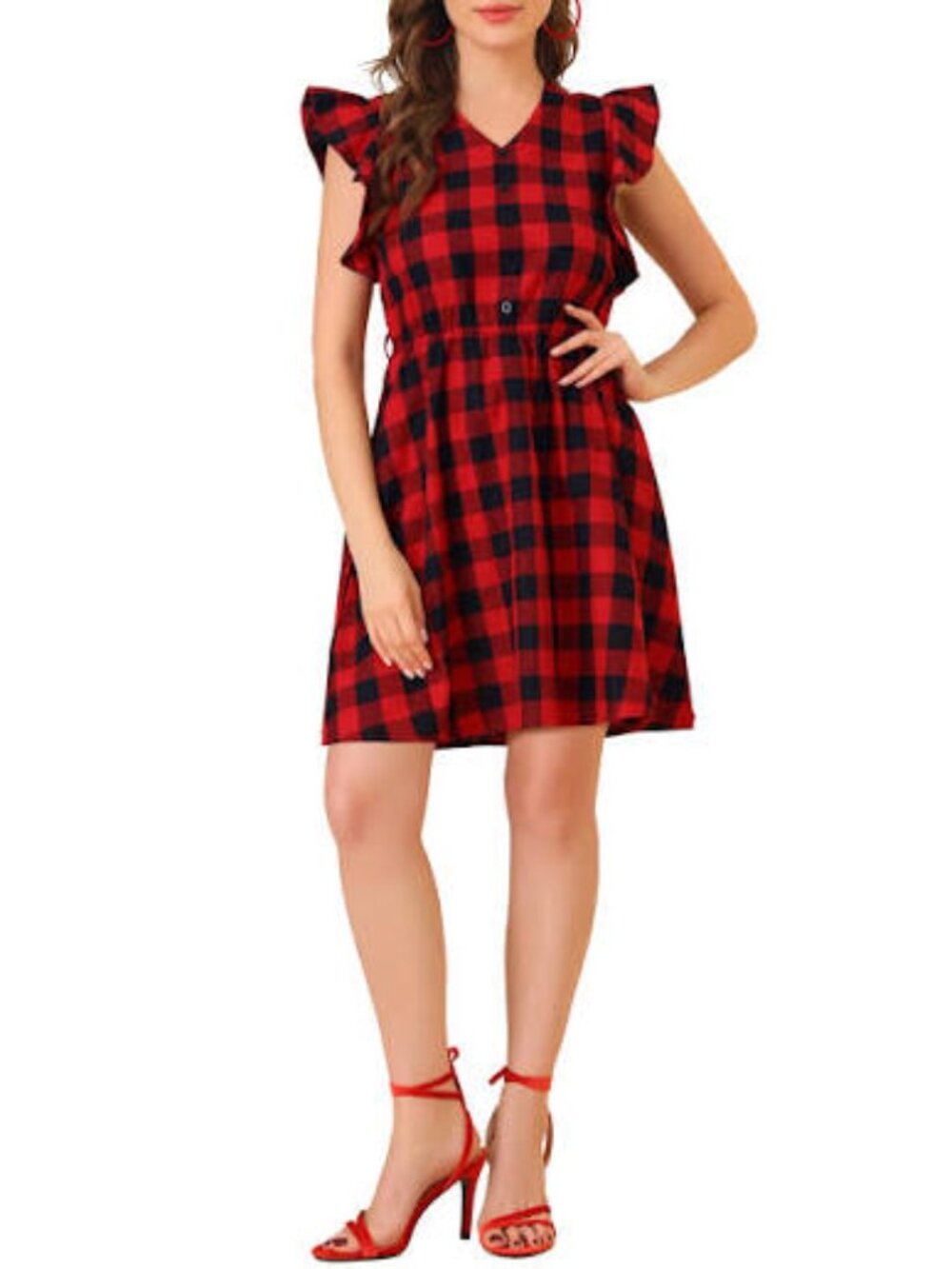 Allegra K Plaid V-Neck Mini Dress Flutter Ruffle Sleeve Elastic Waist Size M